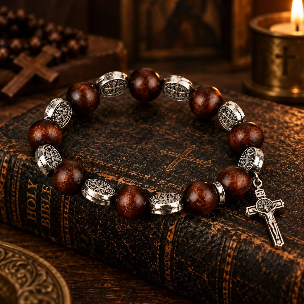 Dark brown wood St. Benedict bracelet displayed on a Holy Bible in a candlelit Catholic setting