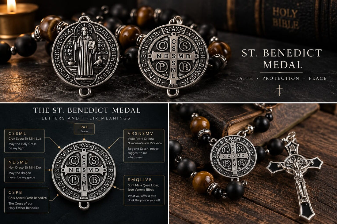 Front and back of a St. Benedict Medal showing the cross, Latin letters and traditional Catholic symbols