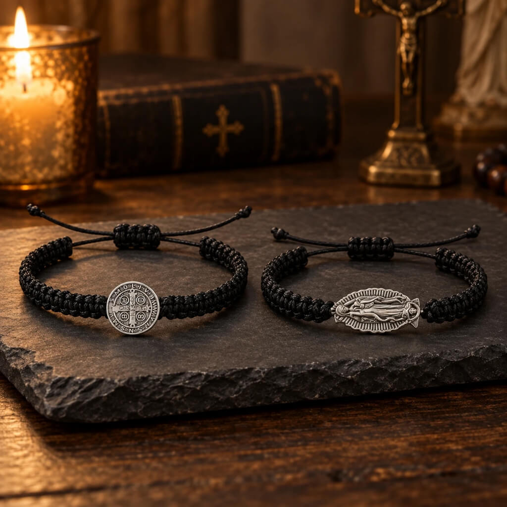 St. Benedict and Virgin Mary black adjustable cord bracelets displayed together