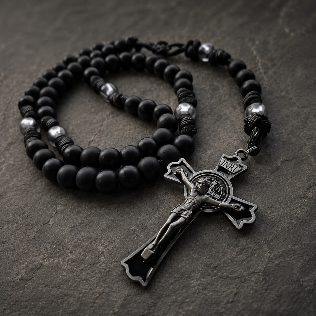 Black paracord St. Benedict rosary arranged on dark stone with matte beads, clear accents, and a large black crucifix.