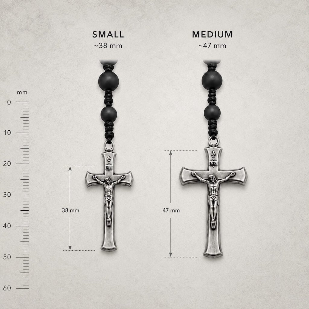 Small 38 mm and Medium 47 mm crucifixes compared side by side for the Compact Everyday Rosary.