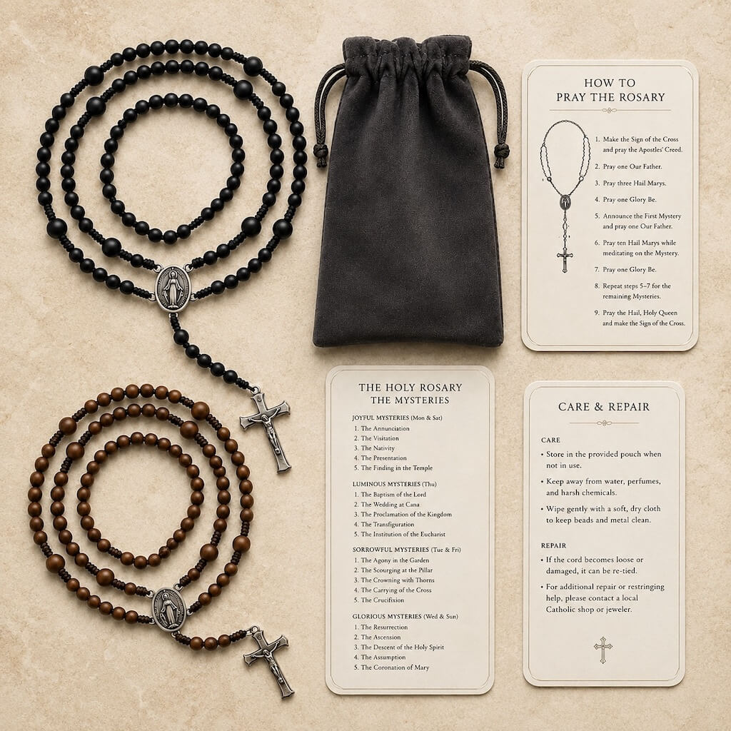 Black and brown Compact Everyday Rosaries displayed with a soft carry pouch, prayer guide, Mysteries guide, and care card.