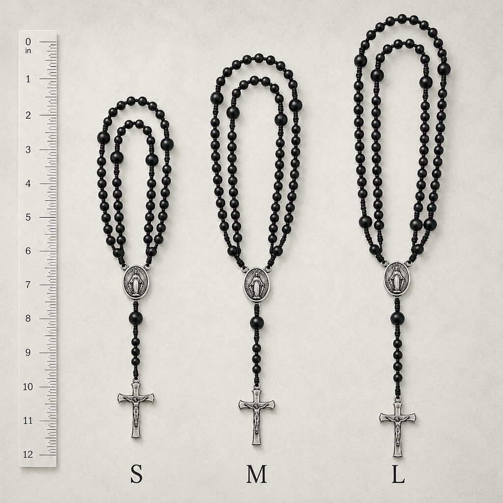 Small, Medium, and Large Compact Everyday Rosaries displayed side by side with an inch ruler for size comparison.