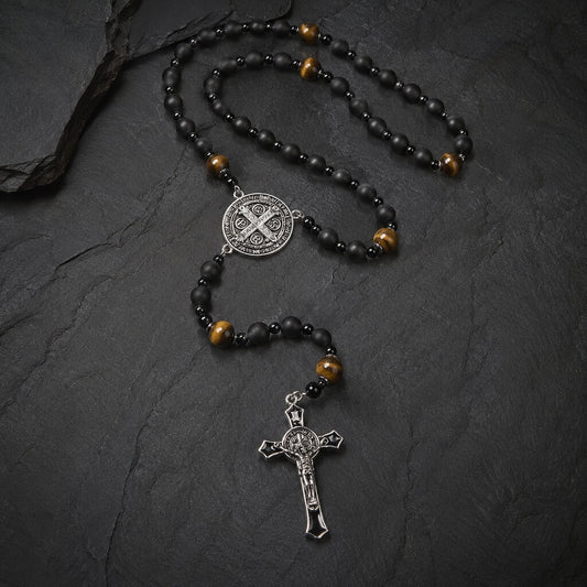 Full-layout black onyx and tiger eye rosary showing the complete five-decade structure, St. Benedict medal, and crucifix.