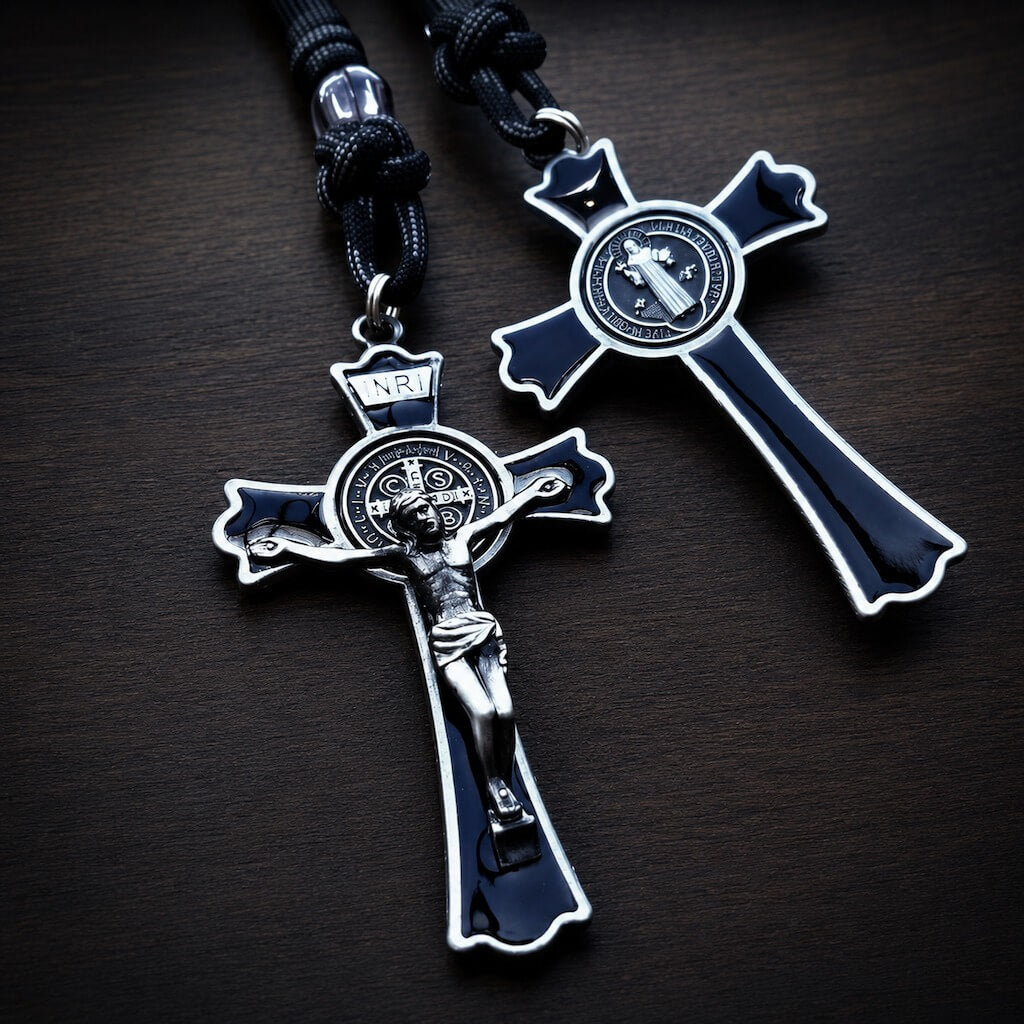 Front and back views of the black enamel St. Benedict crucifix with antiqued silver-tone details.