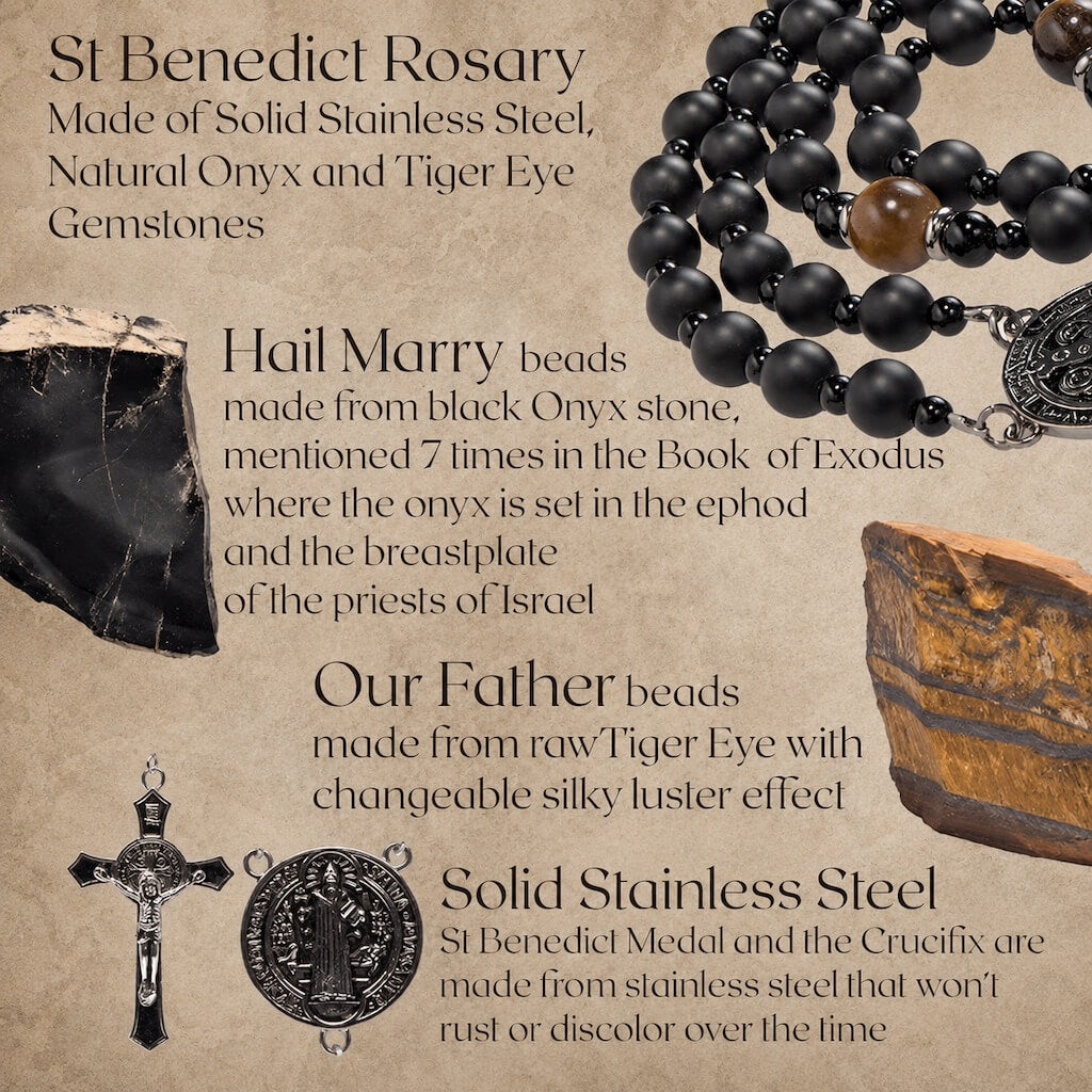 Material guide identifying matte black onyx beads, tiger eye Our Father beads, the St. Benedict medal, and stainless-steel crucifix.