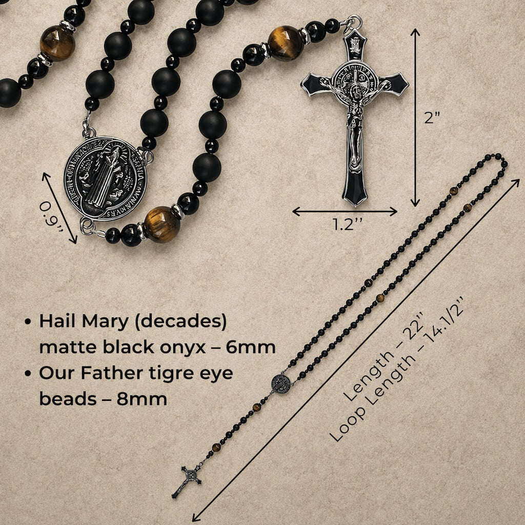 Size guide for the St. Benedict rosary showing 6 mm onyx beads, 8 mm tiger eye beads, a 0.9-inch medal, and a 2-inch crucifix.