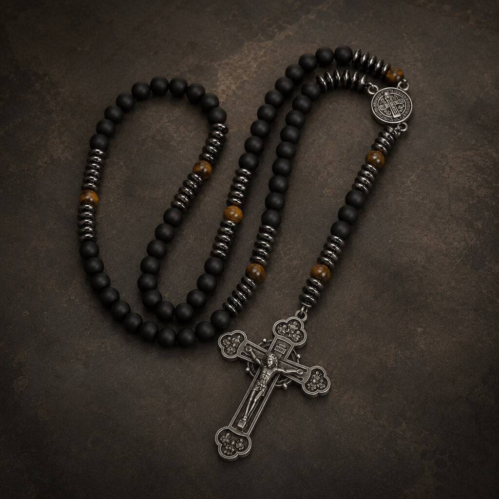 Full-length Heritage St. Benedict rosary showing the complete five-decade bead structure, medal, and antiqued silver-tone crucifix.