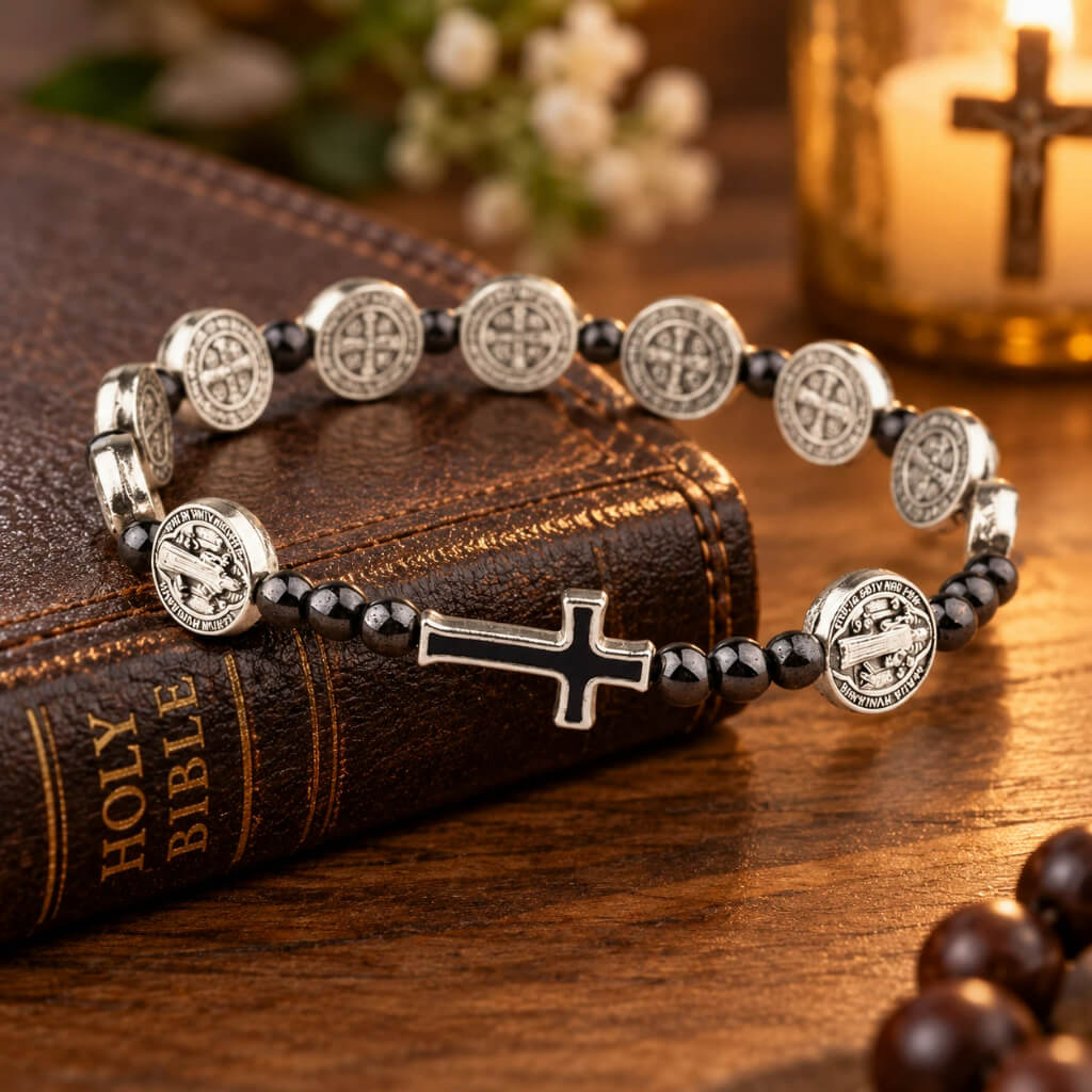 Saint Benedict cross bracelet with black beads and silver medals displayed on a Holy Bible
