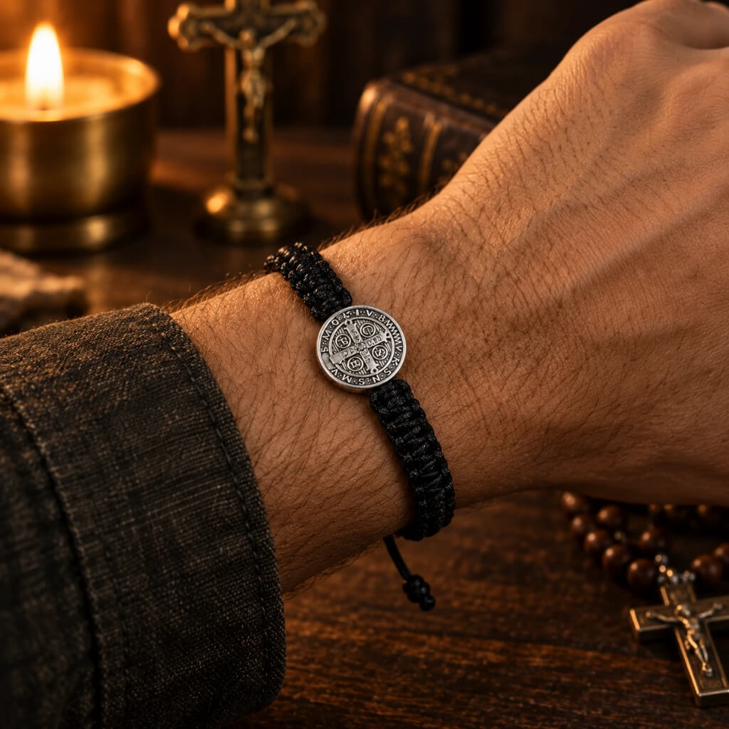 St. Benedict black cord bracelet worn on the wrist for everyday Catholic wear