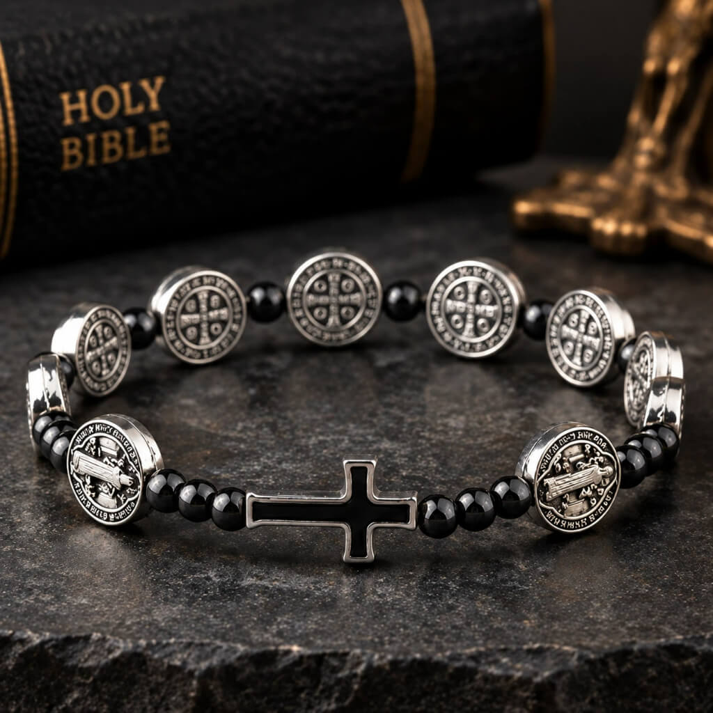 St. Benedict hematite bracelet with silver-tone medals and black cross displayed beside a Holy Bible