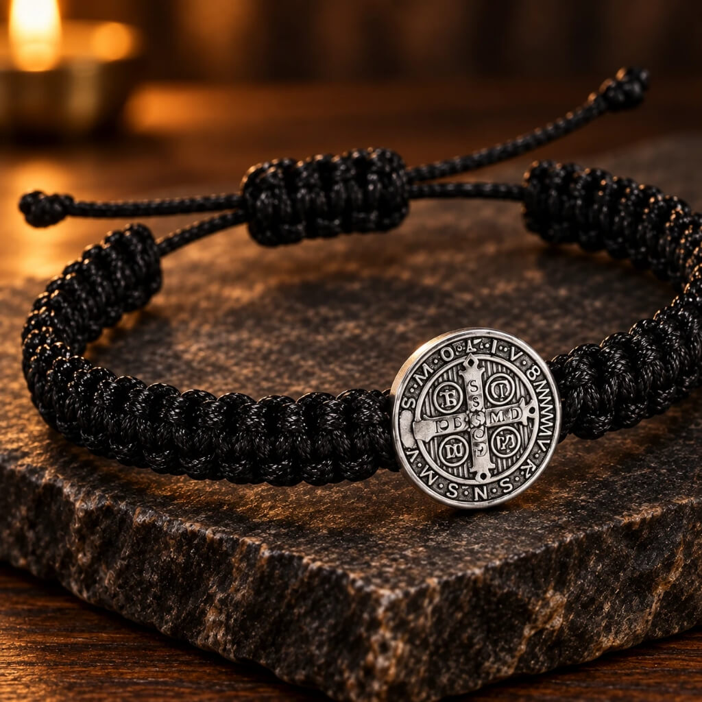 Close-up of silver-tone St. Benedict medal and black braided cord bracelet