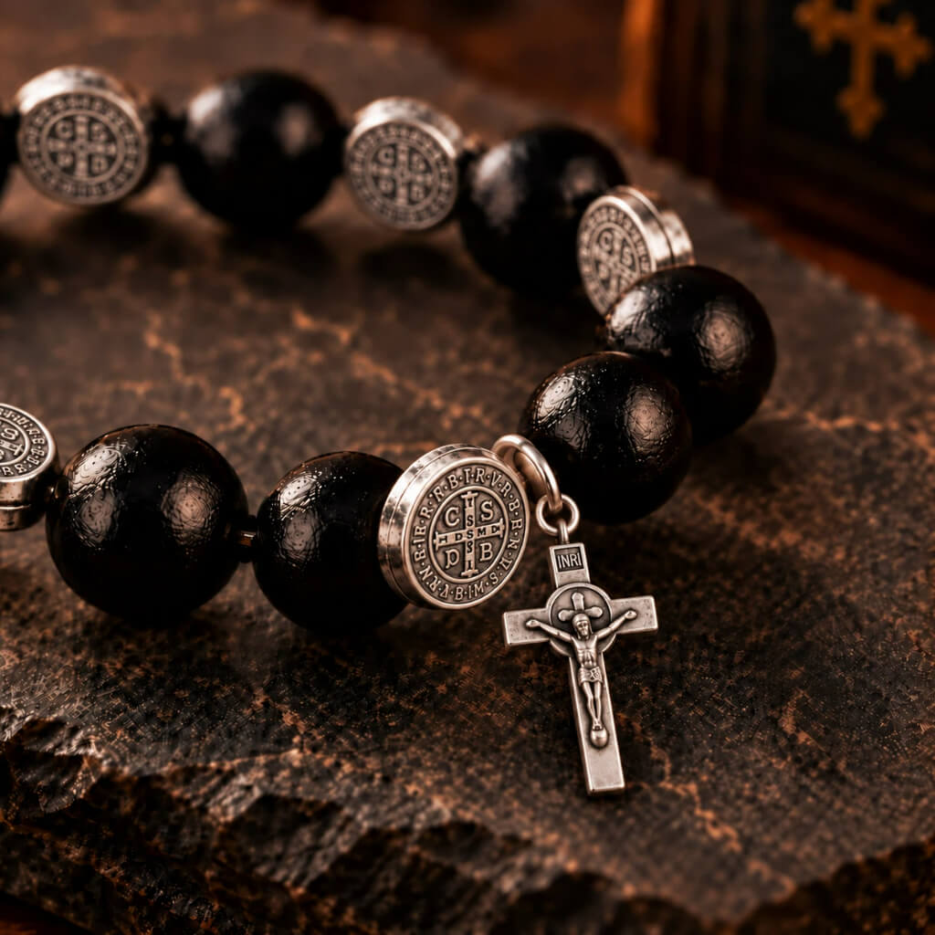Close-up of black wood St. Benedict bracelet showing silver-tone medal and crucifix detail