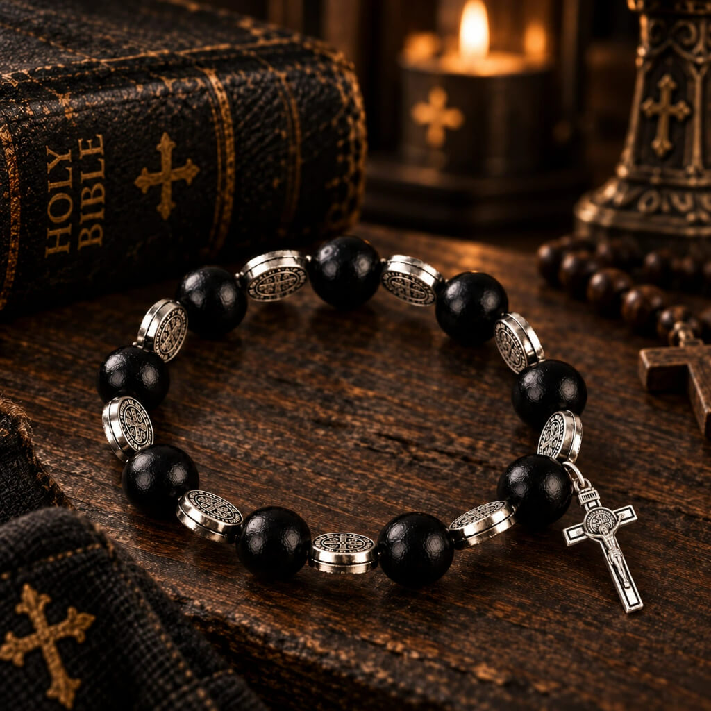Black wood St. Benedict bracelet displayed beside a Holy Bible in a warm Catholic devotional setting