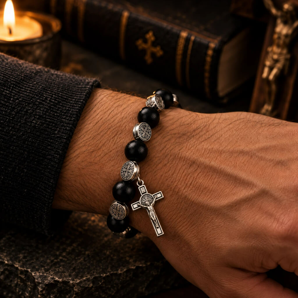 Black wood St. Benedict bracelet with silver-tone medals and crucifix worn on wrist