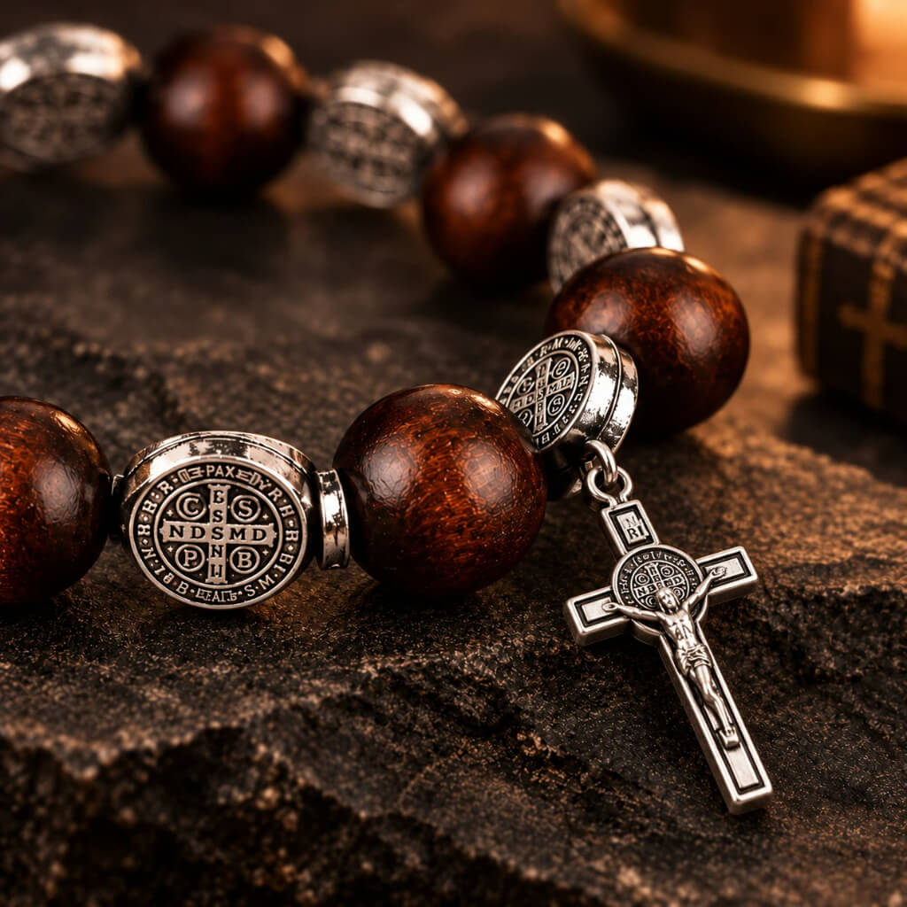 Close-up of dark brown wood St. Benedict bracelet showing silver-tone St. Benedict medal and crucifix