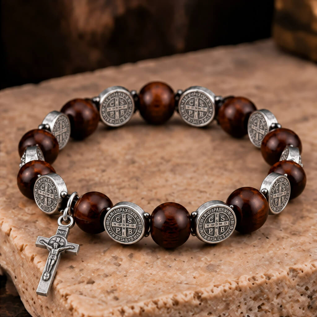 Dark brown wood St. Benedict bracelet with silver-tone medals and crucifix displayed on natural stone