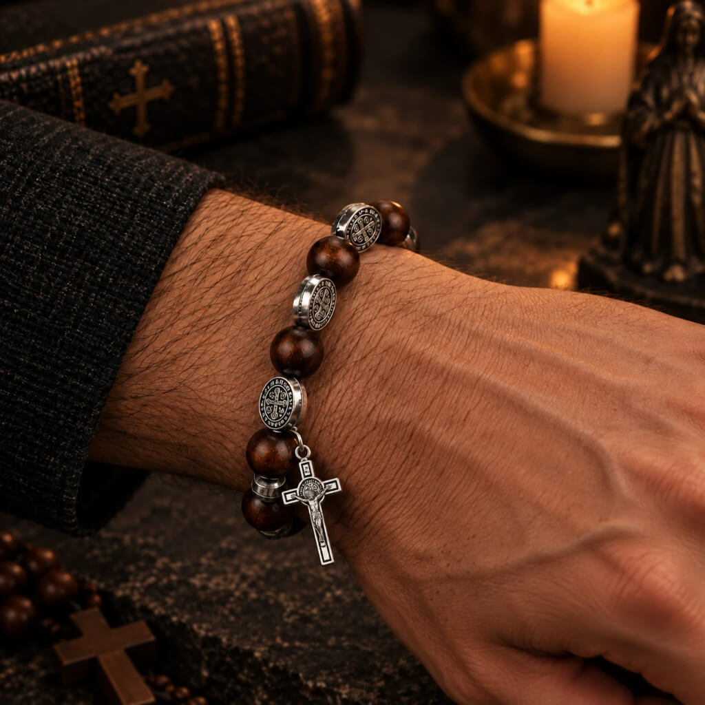Dark brown wood St. Benedict bracelet with silver-tone medals and crucifix worn on wrist in a warm Catholic devotional setting