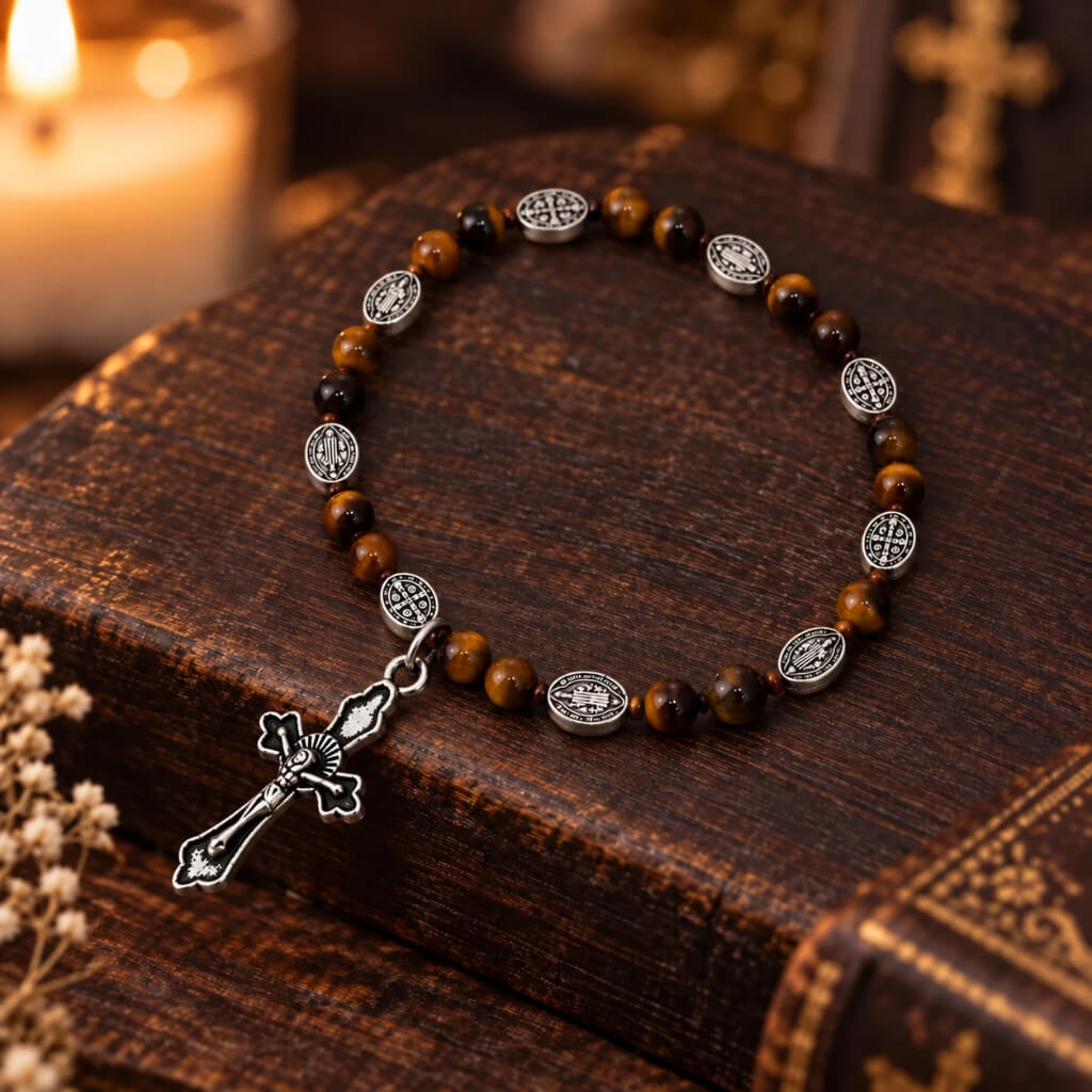 Tiger eye crucifix bracelet with Catholic medals displayed on dark wood with candlelight