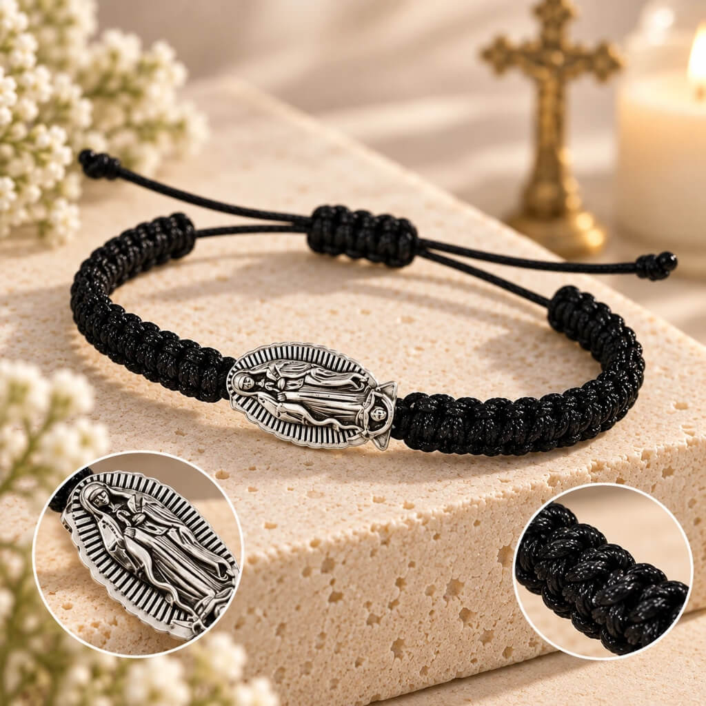 Virgin Mary black cord bracelet showing adjustable closure, medal and braided cord details